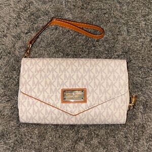 Michael Kors Monogram Wristlet Clutch in Cream and Tan